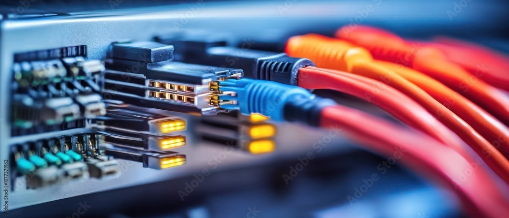 Close-up of network cables connected to a server, illustrating technology infrastructure. Close-up of network cables connected to a server, illustrating technology infrastructure.