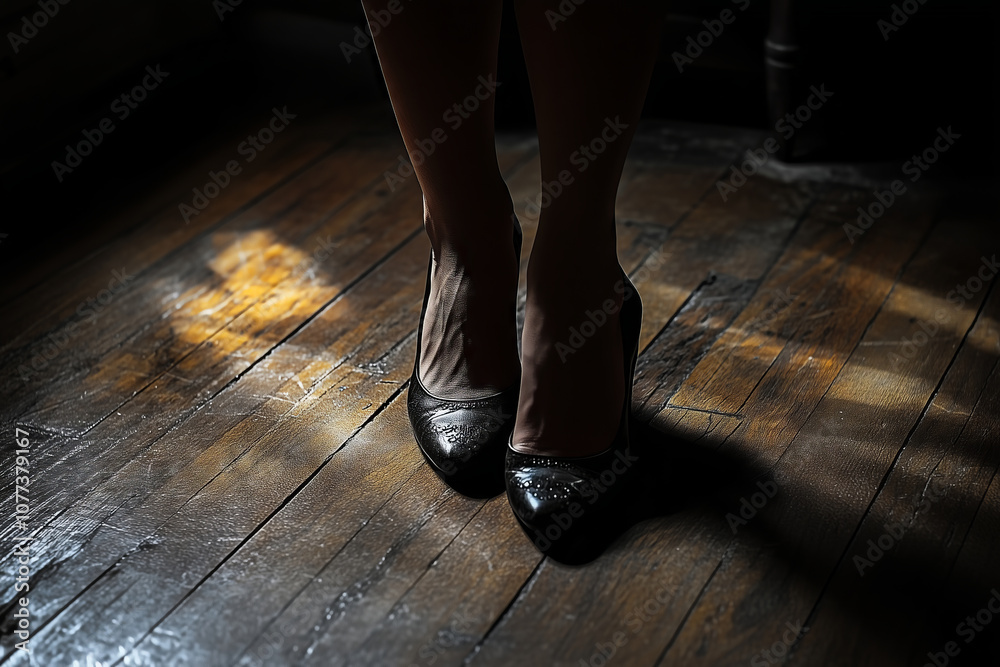 Elegant footwork captured in traditional dance on a rustic wooden floor Elegant footwork captured in traditional dance on a rustic wooden floor