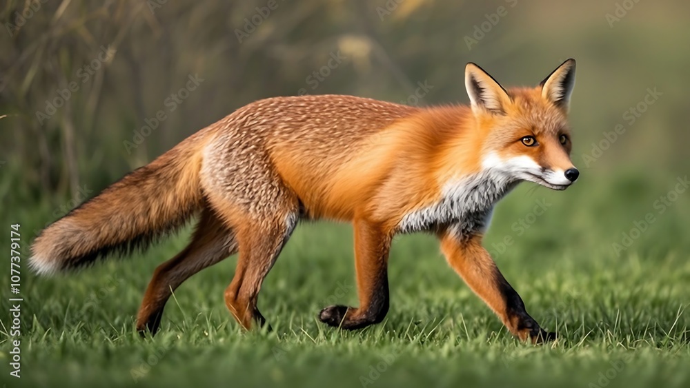 Obraz premium A red fox hunting in a field - A realistic scene of a red fox crouching in a field, with its fur detailed against the natural landscape. Capture the focus in its eyes and the movement of its body as i