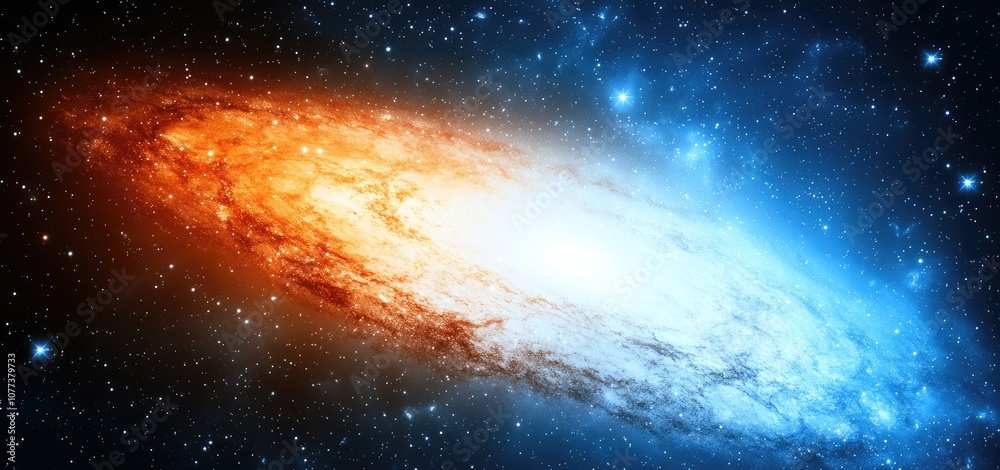 Fototapeta premium A mesmerizing cosmic display unfolds as two galaxies blend in vibrant hues of orange and blue, surrounded by a shimmering expanse of stars, perfect for deep contemplation and serenity