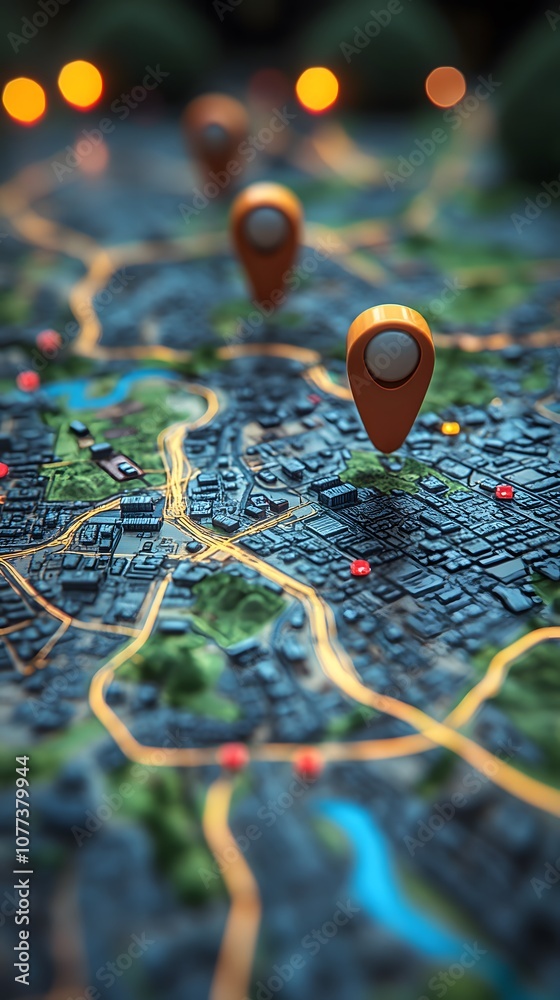 A detailed map with location markers, illustrating navigation and urban planning. A detailed map with location markers, illustrating navigation and urban planning.