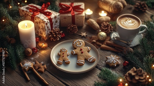 Gingerbread cookie with festive decorations and holiday items on a wooden table