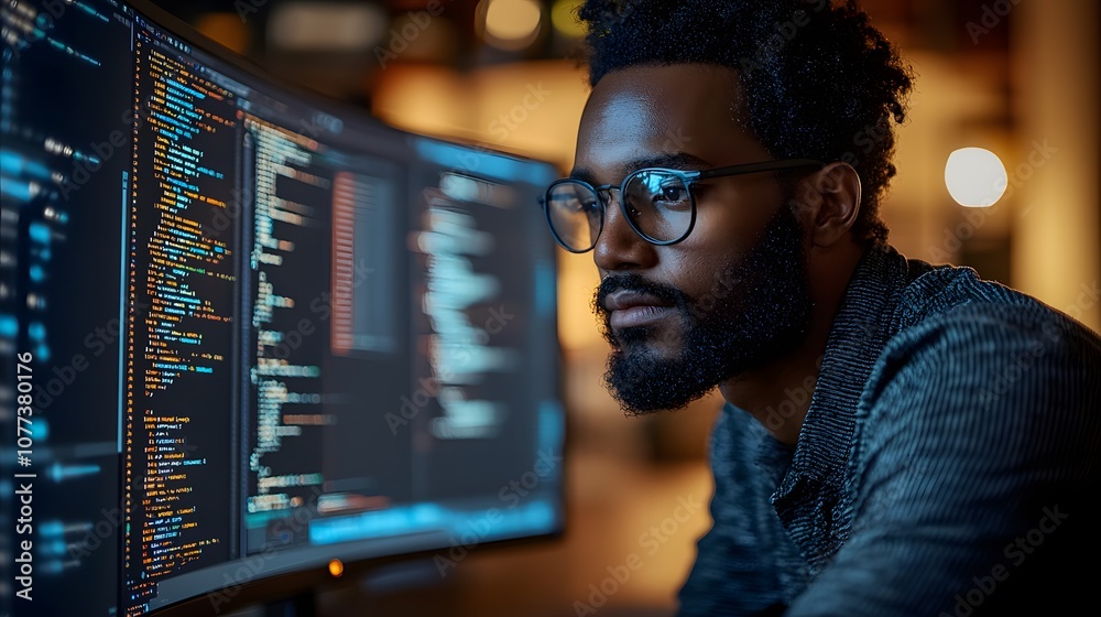 A focused individual coding on a computer with multiple screens displaying programming data. A focused individual coding on a computer with multiple screens displaying programming data.
