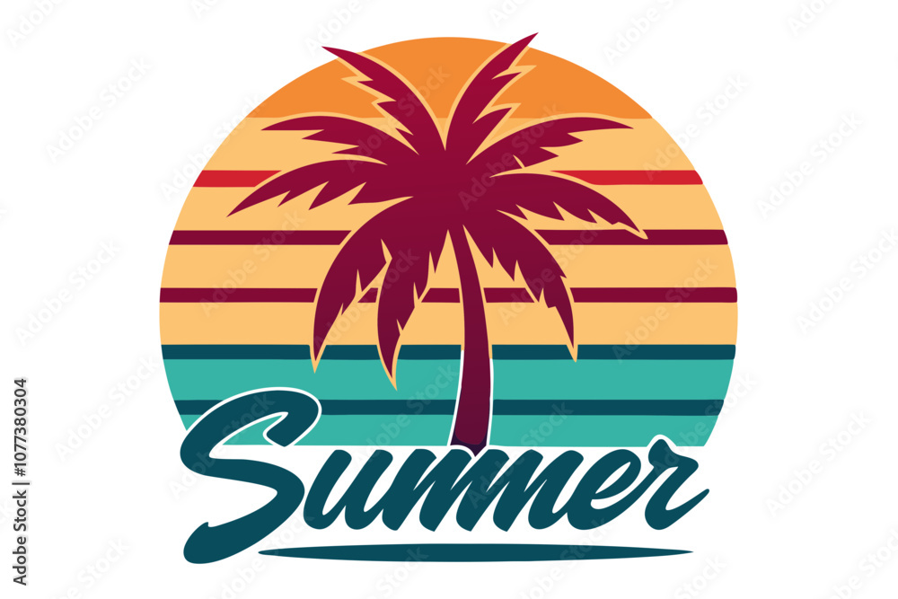 Naklejka premium Retro Summer Vibes Palm Tree T-Shirt Design with 'Summer' Text