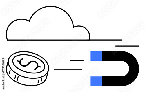 Magnet attracting dollar coin beneath cloud outline. Ideal for finance, cloud computing, marketing, business strategy, technology, data retention themes. Line metaphor