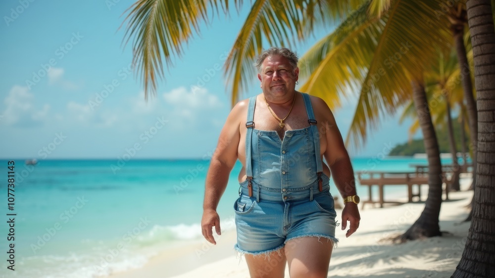 A man strolls on a sandy beach surrounded by palm trees, dressed in denim overalls, enjoying the warm sun and clear blue waters on a beautiful day A man strolls on a sandy beach surrounded by palm trees, dressed in denim overalls, enjoying the warm sun and clear blue waters on a beautiful day