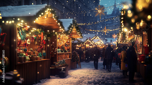 Festive Christmas market stalls illuminated at night with holiday shoppers