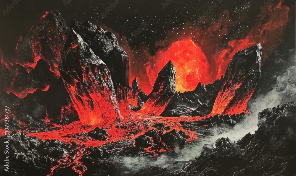 A dynamic depiction of a volcanic landscape with molten lava flowing between large black and red crystals, under a dark, starry sky A dynamic depiction of a volcanic landscape with molten lava flowing between large black and red crystals, under a dark, starry sky