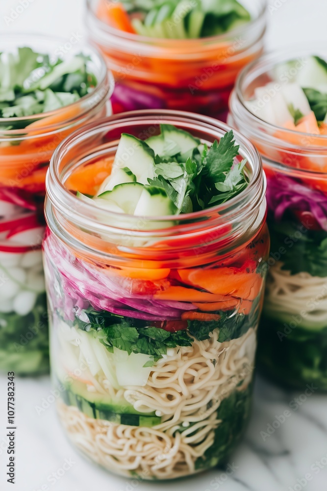 colorful salad jars with layered vegetables and ramen noodles, ready for a fresh meal colorful salad jars with layered vegetables and ramen noodles, ready for a fresh meal