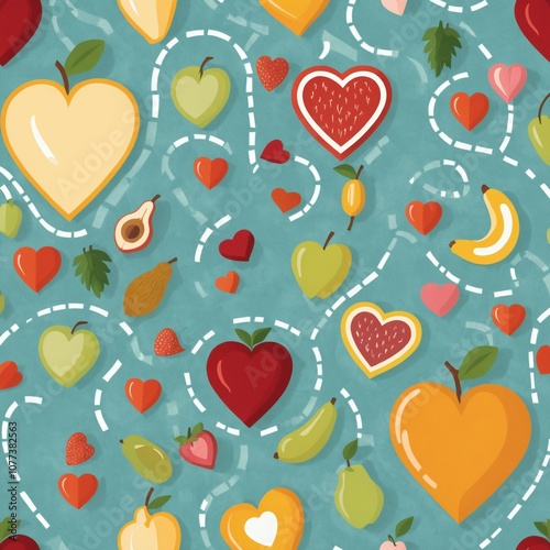 seamless pattern with hearts and fruits suitable for a wallpaper, wrapping paper or background 