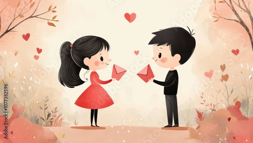 A cute cartoon illustration of two lovers exchanging love letters on Valentine's Day, with hearts and romantic elements Generative AI