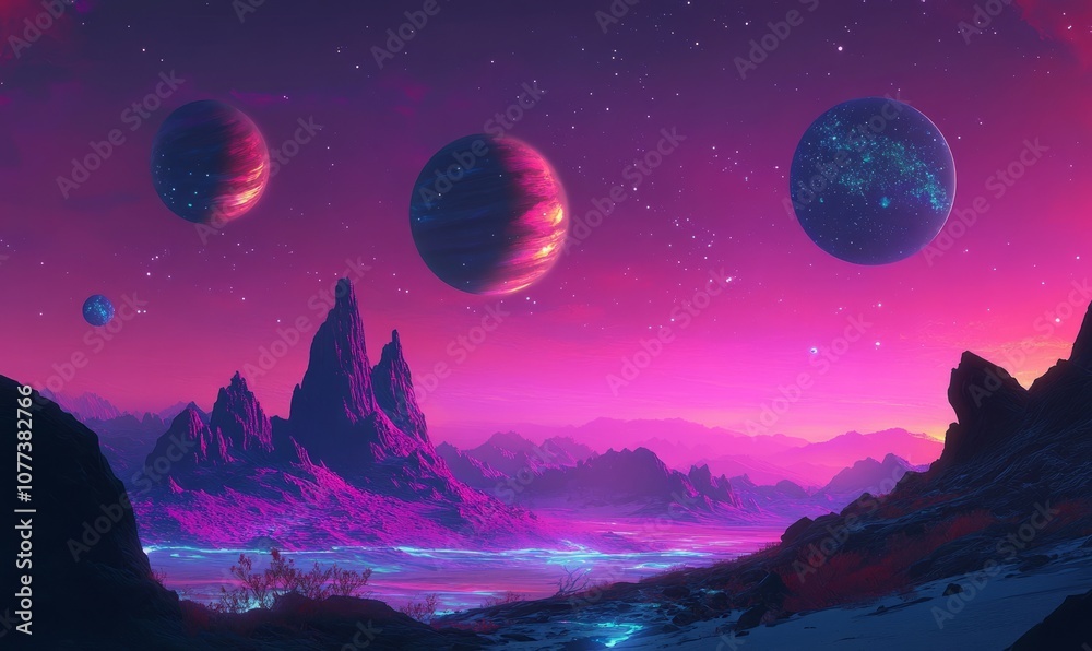 A stunning, futuristic landscape with an array of planets and nebulae in the night sky A stunning, futuristic landscape with an array of planets and nebulae in the night sky