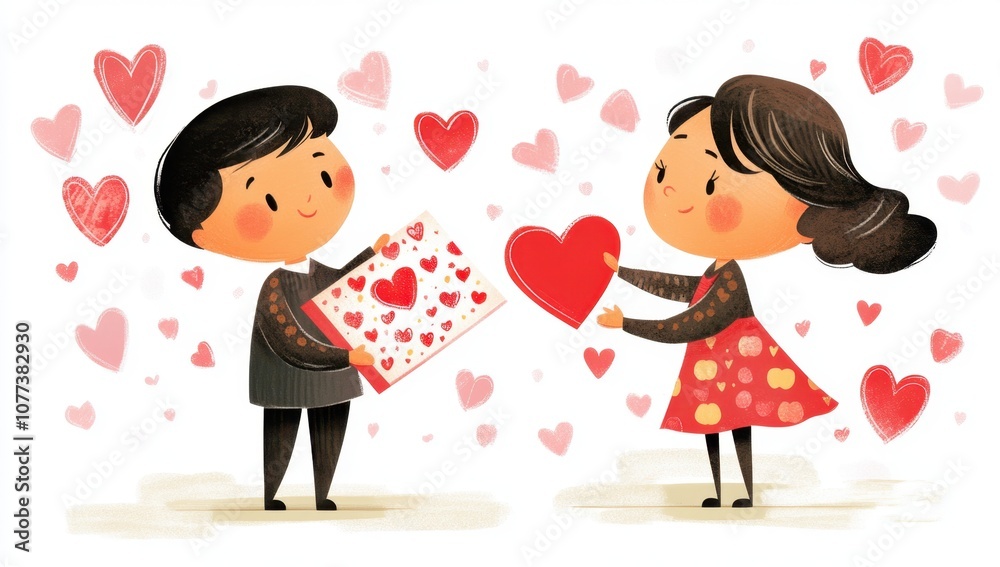 A cute cartoon illustration of two people exchanging Valentine's Day cards, one holding out an envelope with heart-shaped patterns and the other presenting card adorned with red hearts Generative AI A cute cartoon illustration of two people exchanging Valentine's Day cards, one holding out an envelope with heart-shaped patterns and the other presenting card adorned with red hearts Generative AI