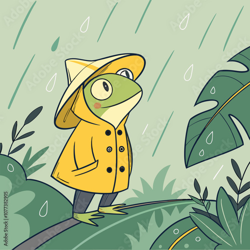 A cute cartoon frog wearing a yellow raincoat and a hat, standing in the rain with green leaves around him. This cheerful illustration is perfect for children's books, greeting cards.
