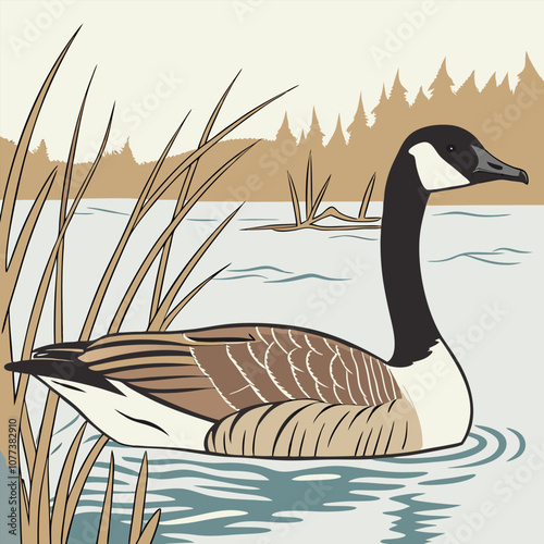 A graceful Canadian goose swims serenely through a tranquil pond, its feathers reflecting the soft light of the sky.
