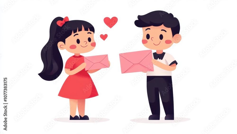 A cute cartoon illustration of two lovers exchanging love letters on Valentine's Day, with hearts and playful characters in a flat style Generative AI A cute cartoon illustration of two lovers exchanging love letters on Valentine's Day, with hearts and playful characters in a flat style Generative AI