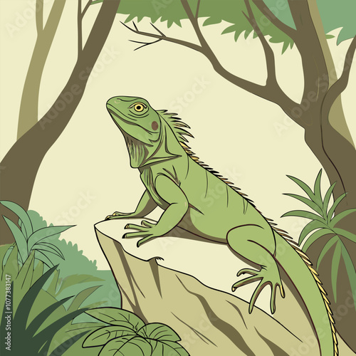 A vibrant illustration showcasing a green iguana perched on a rock in a lush jungle setting.