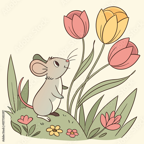 Adorable illustration of a tiny mouse admiring a bouquet of colorful tulips. Perfect for children's books, greeting cards, and spring-themed designs.