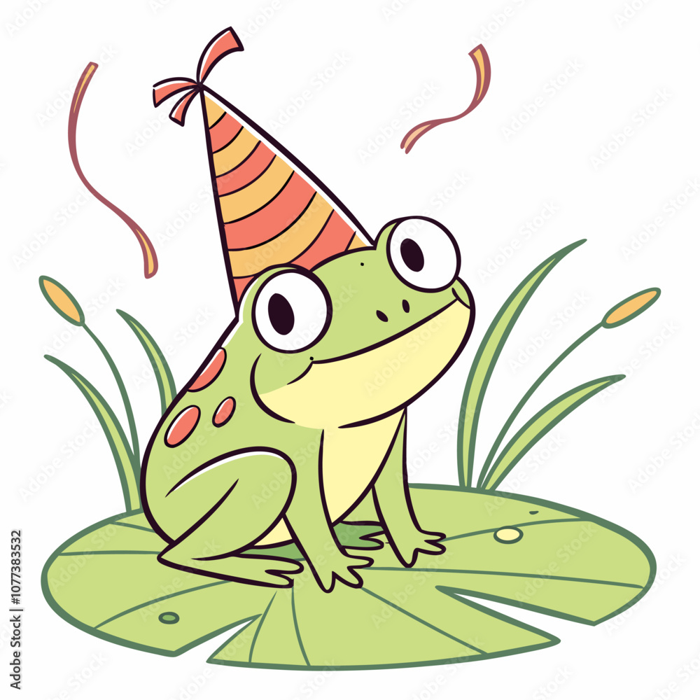 Fototapeta premium A cheerful cartoon frog wearing a party hat sits on a lily pad, surrounded by celebratory confetti. This whimsical illustration is perfect for birthday cards, invitations, and other festive designs.