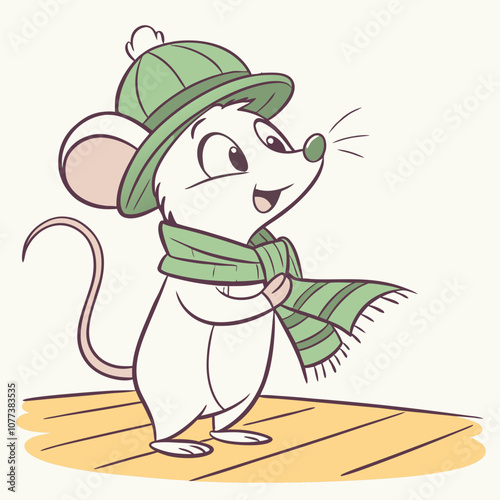 A cute cartoon mouse wearing a green hat and scarf, perfect for children's books, illustrations, or greeting cards. This adorable character is sure to bring a smile to your face.