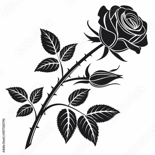 A classic, elegant silhouette of a rose with thorns and leaves. This black and white illustration is perfect for adding a touch of romanticism and beauty to your projects.