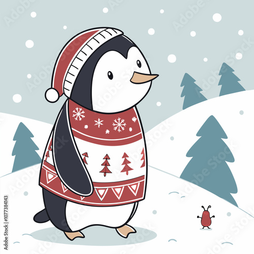 Adorable penguin wearing a festive Christmas sweater, standing in a snowy landscape. Perfect for winter holiday greetings, social media, or seasonal designs. photo