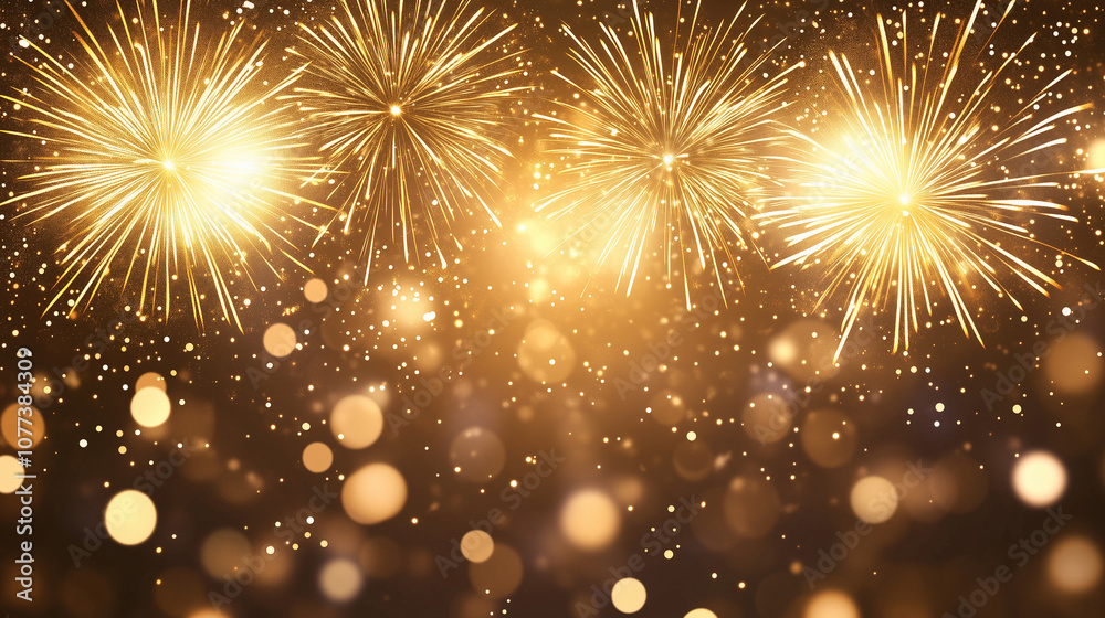Abstract gold glitter texture with radiant fireworks exploding across the top and soft bokeh, background with golden glowing sparkles for New Year or Christmas Eve postcard with copy space for text Abstract gold glitter texture with radiant fireworks exploding across the top and soft bokeh, background with golden glowing sparkles for New Year or Christmas Eve postcard with copy space for text