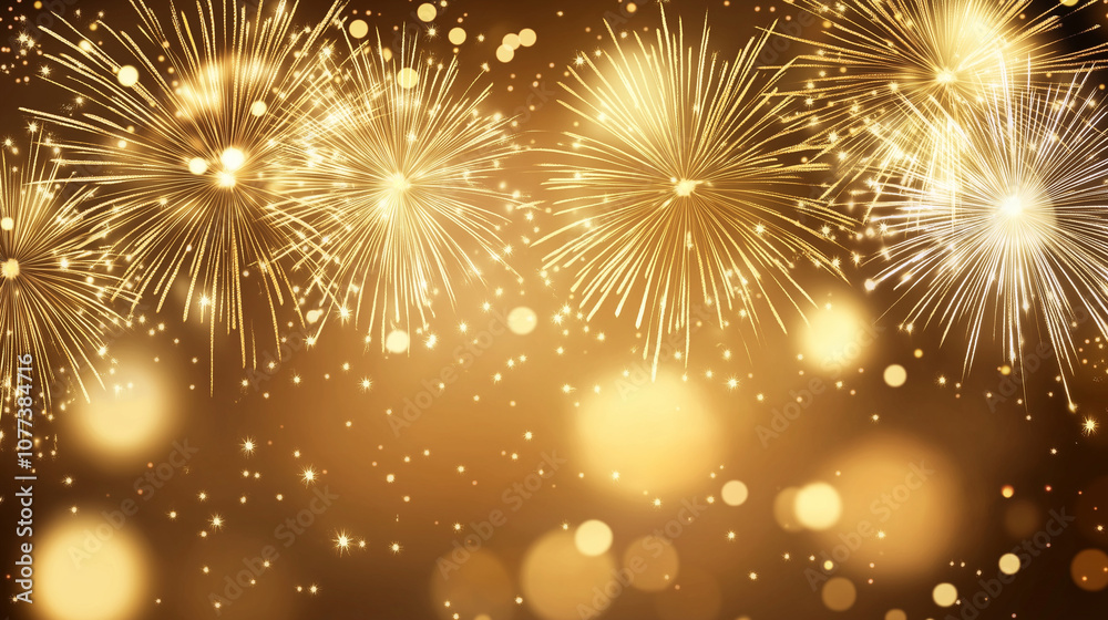 Abstract gold glitter texture with radiant fireworks exploding across the top and soft bokeh, background with golden glowing sparkles for New Year or Christmas Eve postcard with copy space for text Abstract gold glitter texture with radiant fireworks exploding across the top and soft bokeh, background with golden glowing sparkles for New Year or Christmas Eve postcard with copy space for text