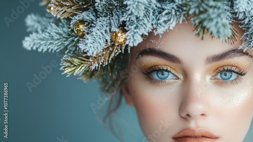 A close-up of a woman's face, looking directly at the camera. The woman has blue eyes and is wearing gold eyeshadow.