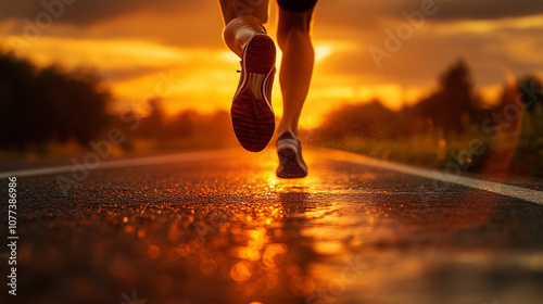 full speed running athlete's feet on start track. dramatic morning sunrays. photo