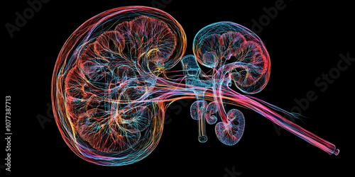 3D view of kidney with nephron structures, highlighting filtering function photo