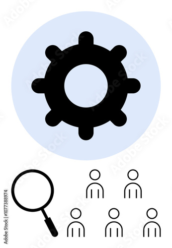 Gear magnifying glass, and people icons. Ideal for teamwork, management, human resources, recruitment, business organization strategy. Line metaphor