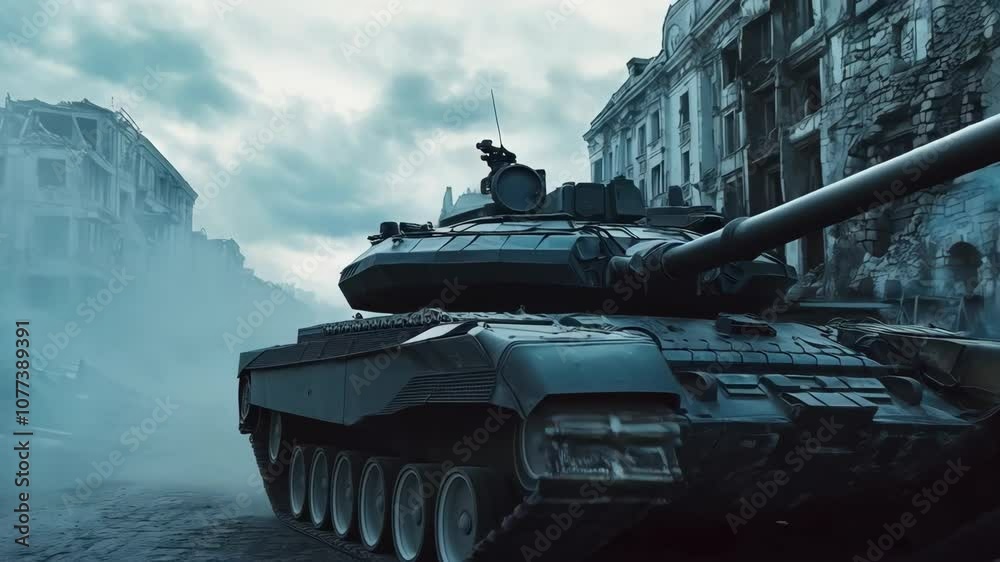 Military tank in ruined town background. Destroyed buildings, city ruins. Combat zone. Military conflict and war. Strategic operation. Modern armor combat. Defense industry. Cinematic shot Military tank in ruined town background. Destroyed buildings, city ruins. Combat zone. Military conflict and war. Strategic operation. Modern armor combat. Defense industry. Cinematic shot