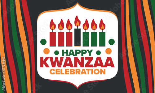 Kwanzaa Happy Celebration. African and African-American culture holiday. Seven days festival, celebrate annual from December 26 to January 1. Black history. Poster, card, banner and background. Vector