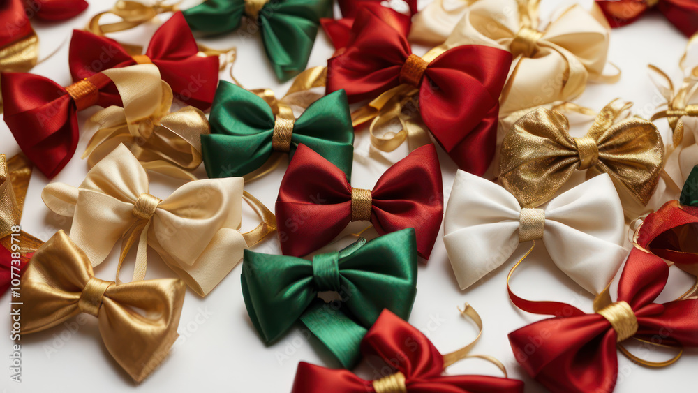 Collection of festive bows and ribbons in red, gold, and green, placed centrally on a white background. Collection of festive bows and ribbons in red, gold, and green, placed centrally on a white background.