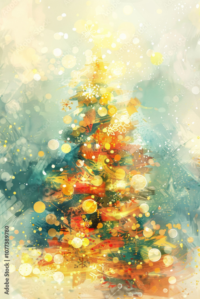 Fototapeta premium Softly blurred Christmas tree with warm golden lights, creating a cozy and festive holiday atmosphere