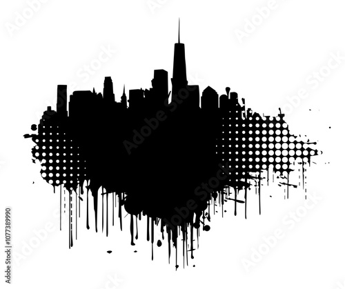 Black and white graphic drawing city and blots. hand drawing. Not AI. Vector illustration.