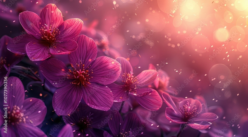 Pink flowers bloom in a magical, glowing light. Pink flowers bloom in a magical, glowing light.