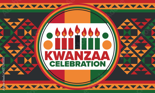 Kwanzaa Happy Celebration. African and African-American culture holiday. Seven days festival, celebrate annual from December 26 to January 1. Black history. Poster, card, banner and background. Vector