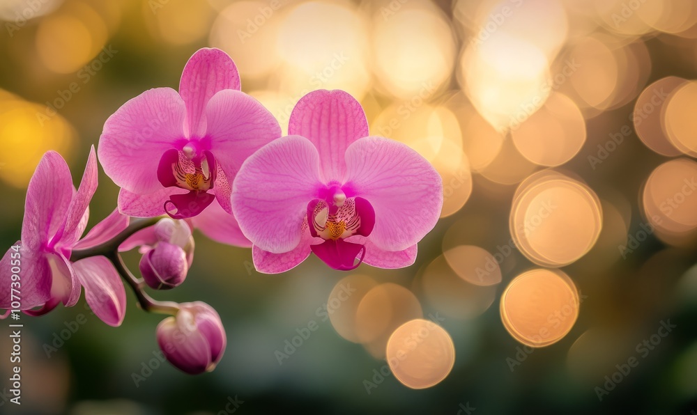 Naklejka premium Close-up of a pink orchid in full bloom with a blurred square background and bokeh effect