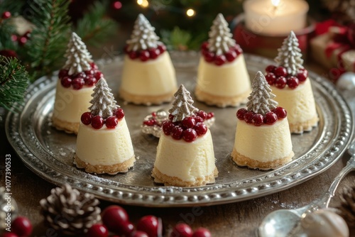 festive holiday treats, festive mini cheesecakes shaped like christmas trees on a silver platter, set in a joyful holiday scene photo