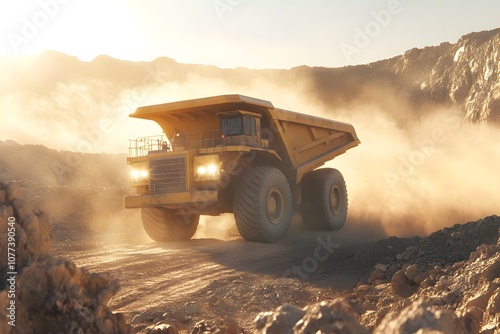 A yellow dump truck drives on a dirt road in a quarry, kicking up dust as it travels. photo