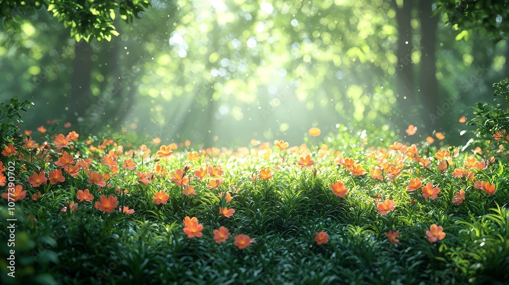A serene forest scene filled with vibrant orange flowers and dappled sunlight. A serene forest scene filled with vibrant orange flowers and dappled sunlight.