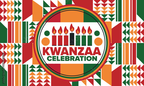 Kwanzaa Happy Celebration. African and African-American culture holiday. Seven days festival, celebrate annual from December 26 to January 1. Black history. Poster, card, banner and background. Vector