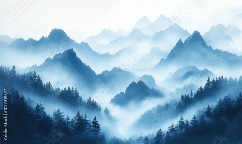 Wallpaper Mural Artistically depicted misty mountain landscape with layered peaks and dense forest. Monochromatic color scheme with shades of blue and white Torontodigital.ca