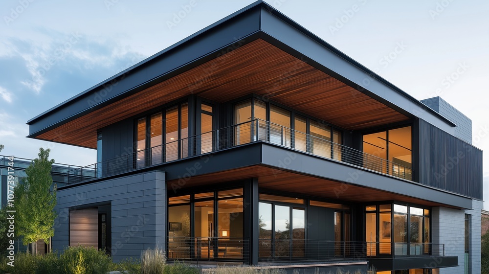 Modern two-story house with large windows, flat roof, and wooden accents surrounded by greenery and garden, featuring a sleek architectural design at dusk. Modern two-story house with large windows, flat roof, and wooden accents surrounded by greenery and garden, featuring a sleek architectural design at dusk.