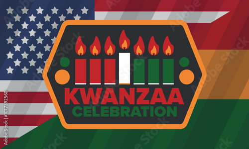 Kwanzaa Happy Celebration. African and African-American culture holiday. Seven days festival, celebrate annual from December 26 to January 1. Black history. Poster, card, banner and background. Vector