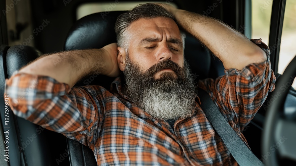 Obraz premium Man with gray beard wearing plaid shirt sitting in a car with seatbelt on, hands behind head and eyes closed, appearing relaxed and contemplative