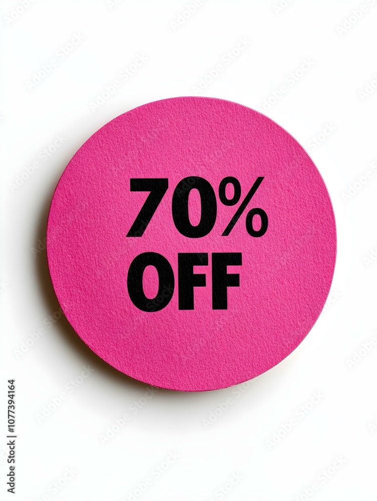 Black '70% OFF' Text on a Hot Pink Round Paper Note. White Background Black '70% OFF' Text on a Hot Pink Round Paper Note. White Background