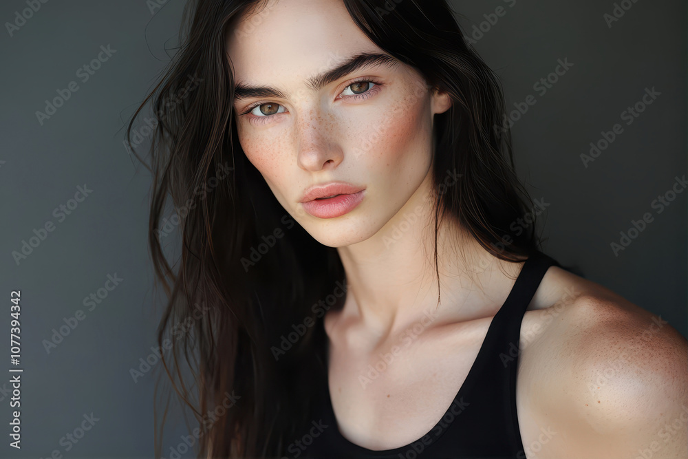 Naklejka premium Androgynous Supermodel Captivating With Striking Features in an Artistic Portrait